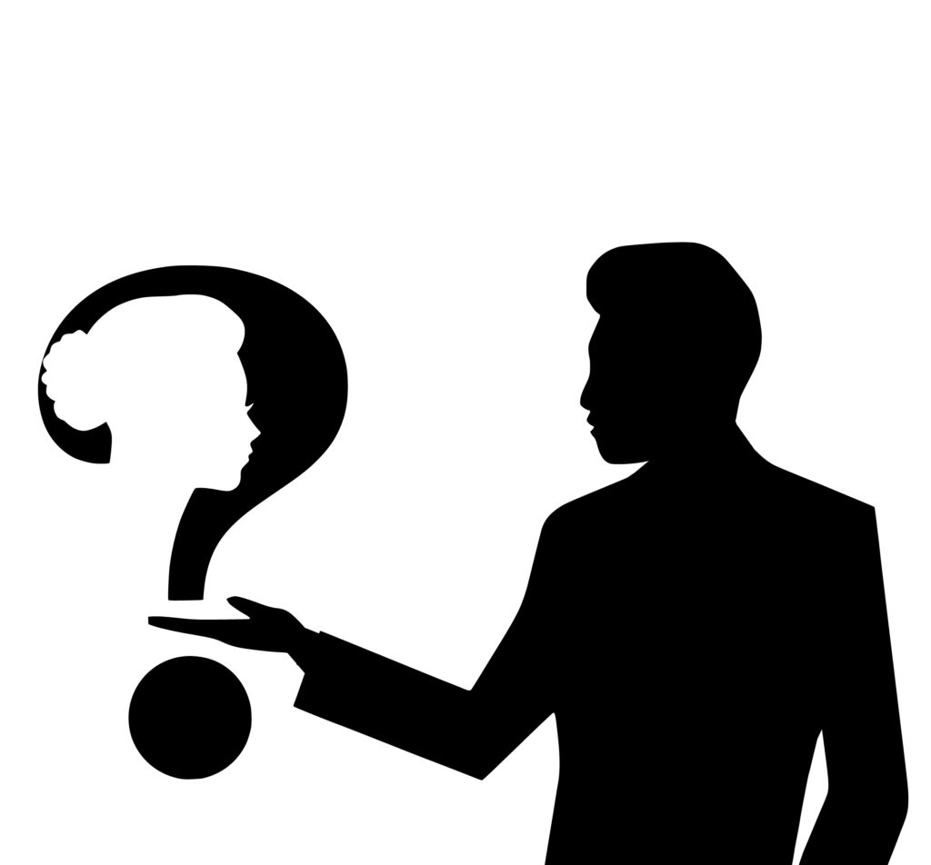 A male silhouette holds up a black question mark, the empty space within the symbol forms a woman's face in profile.  