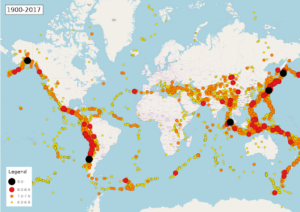 World map showing areas where earthquakes with magnitudes 6.0 or higher have happened since 1900 to 2017