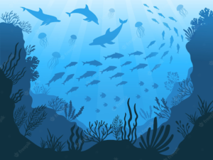 a cartoon image of sea creatures underwater. 