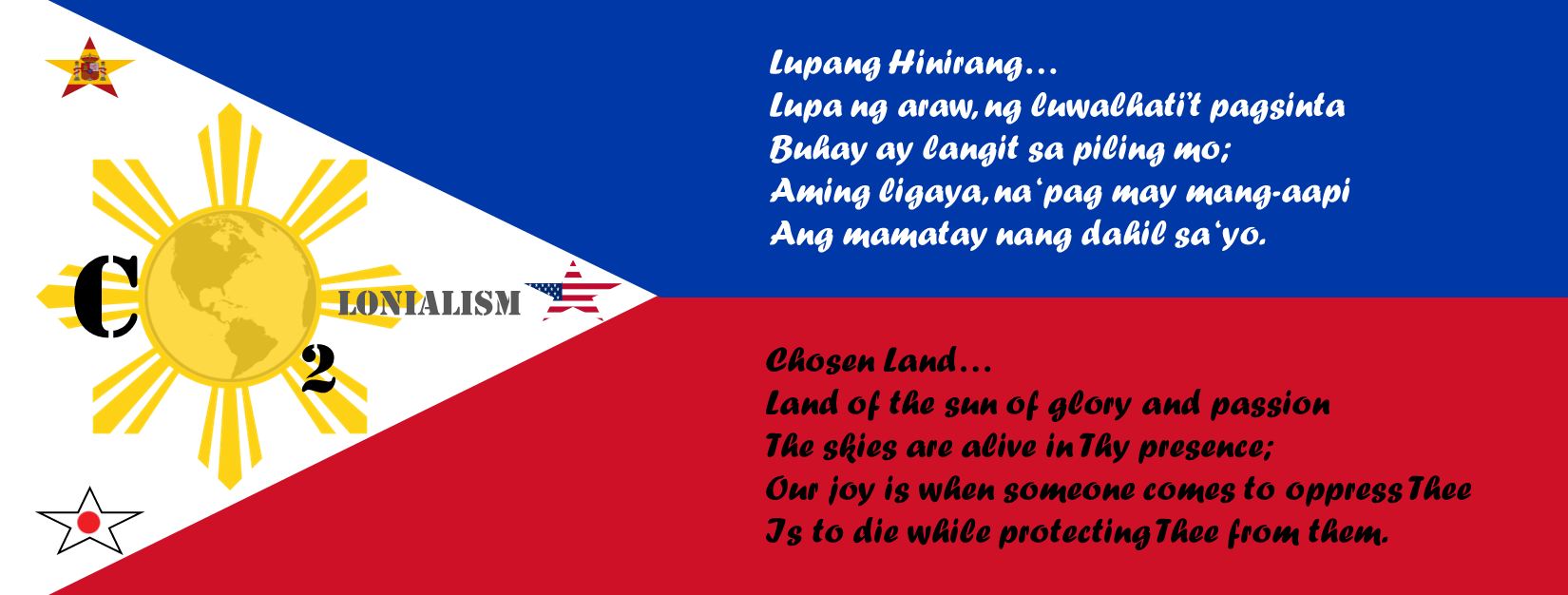 Filipino flag with lyrics from Lupang Hinirang.
