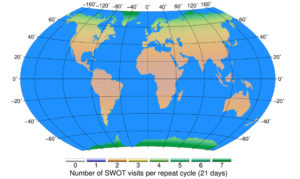 Number of SWOT revisits per orbit repeat period (21 days) over the continents (oceans have beenmasked, but ocean data will also be provided) in between 78°S and 78°N