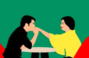 Cartoon image shows that physical interactions such as hand-holding and eye contact can spark attraction during a date. 