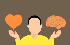 Cartoon image illustrates the everyday question that people wonder: is love a matter of the heart or the brain?
