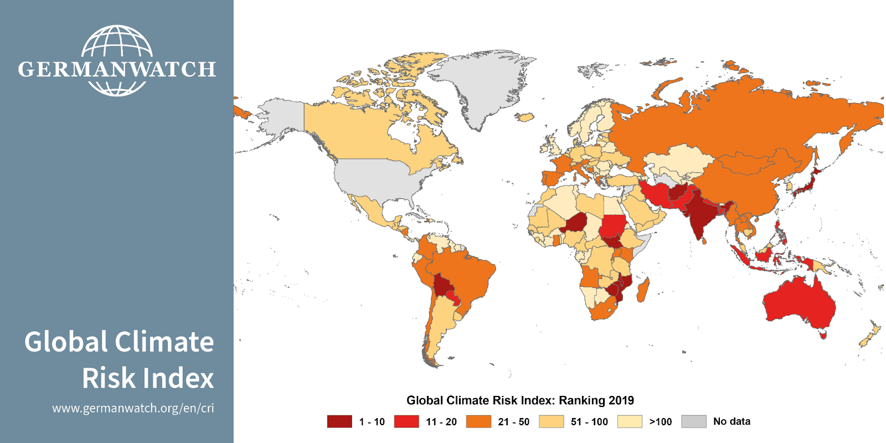 Map of the Global Climate Risk Index from 2021. Many countries in the Global South rank higher.