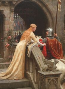 God Speed painted by British artist Edmund Leighton depicts an armored knight setting out for adventures in service and honor of his beloved — portraying the nobility and chivalry sung by the courtly love.