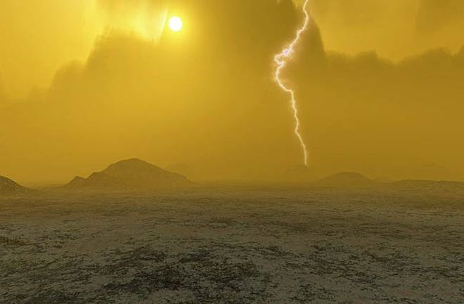 A hypothetical view on the surface of Venus, with a thick yellow haze obscuring the horizon over a barren rocky plain. The sun can barely be seen through the clouds as a bolt of lightning strikes the ground. 