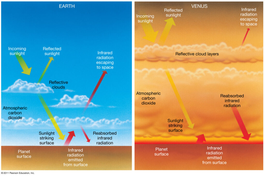 A diagram comparing the atmospheric profiles for Earth (left) and Venus (right), atmospheric layers are labeled, and arrows are used to represent the relative magnitude and direction of sunlight and infrared radiation (both incoming and reflected off clouds and the surface). 