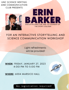 Flyer detailing Erin Baker's talk in the spring of 2023.