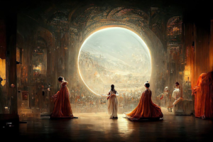 AI artwork showing people in cloaks and a circular opening letting in light.