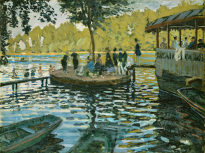 A Claude Monet painting showing a lake, boats, people, and trees.
