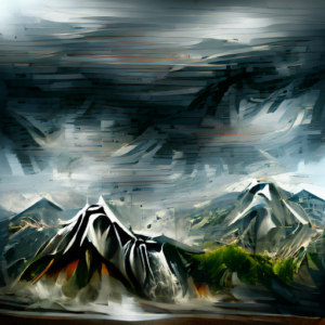 An AI painting showing what looks like mountain peaks and stormy skies