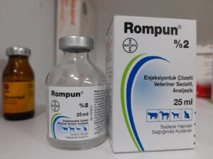 Photo of Rompun, a name brand of xylazine, bottle beside its box.