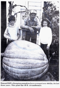 Captured in a historic snapshot, Howard Dill stands proudly beside one of his early hybrids of the Atlantic Giant. These pioneering giants shattered the 400-pound threshold, crowning Dill with the well-deserved title of “Pumpkin King” at the 1979 International Pumpkin Association weigh-off. The legacy continued as he later set a world record with a colossal 459-pound (208-kilogram) pumpkin, further cementing his reign in the world of giant pumpkins. Source: Farm Show Magazine, 1982, Volume 6, Issue 3, Page 18