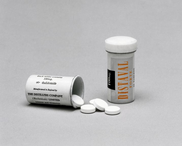 Two containers and tablets of Distaval (thalidomide) made by Chemie Grünenthal GmbH's British counterpart The Distillers Co. Ltd., 1958-1962.