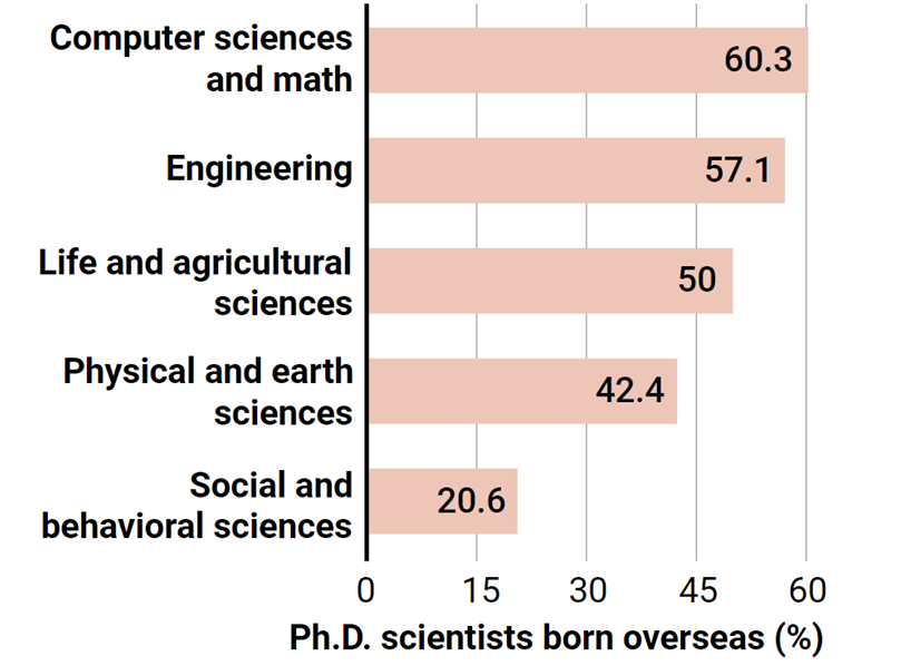 Bar graph showing the percentage of PhD scientists born overseas in different fields of STEM. 