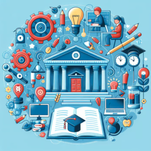 A cartoon depiction of the concept of academic success. A blue university building with big steps and pillars surrounding a red door is the center of the image. Beneath the university building is an open textbook with a graduate's cap in the middle. Surrounding these two icons are a multitude of other items associated with academic success, most tinted blue with some red for highlights. The icons include gears, lightbulbs, laptops, monitors, pencils, students at their desks, etc..