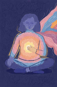 Illustration of a person sitting with eyes closed and a hand on their chest, with the head in cool blue tones and layered warm colors radiating outward from the body's center, representing attention to internal sensation and the release of nervous system activation.