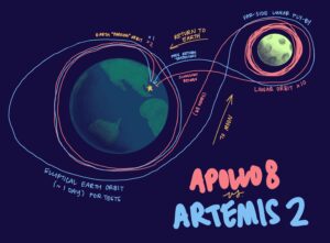 Illustration of the different lunar flight paths of the Apollo 8 and Artemis II.