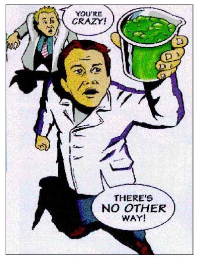 Comic of Dr. Barry Marshall about to drink a beaker of bacteria.