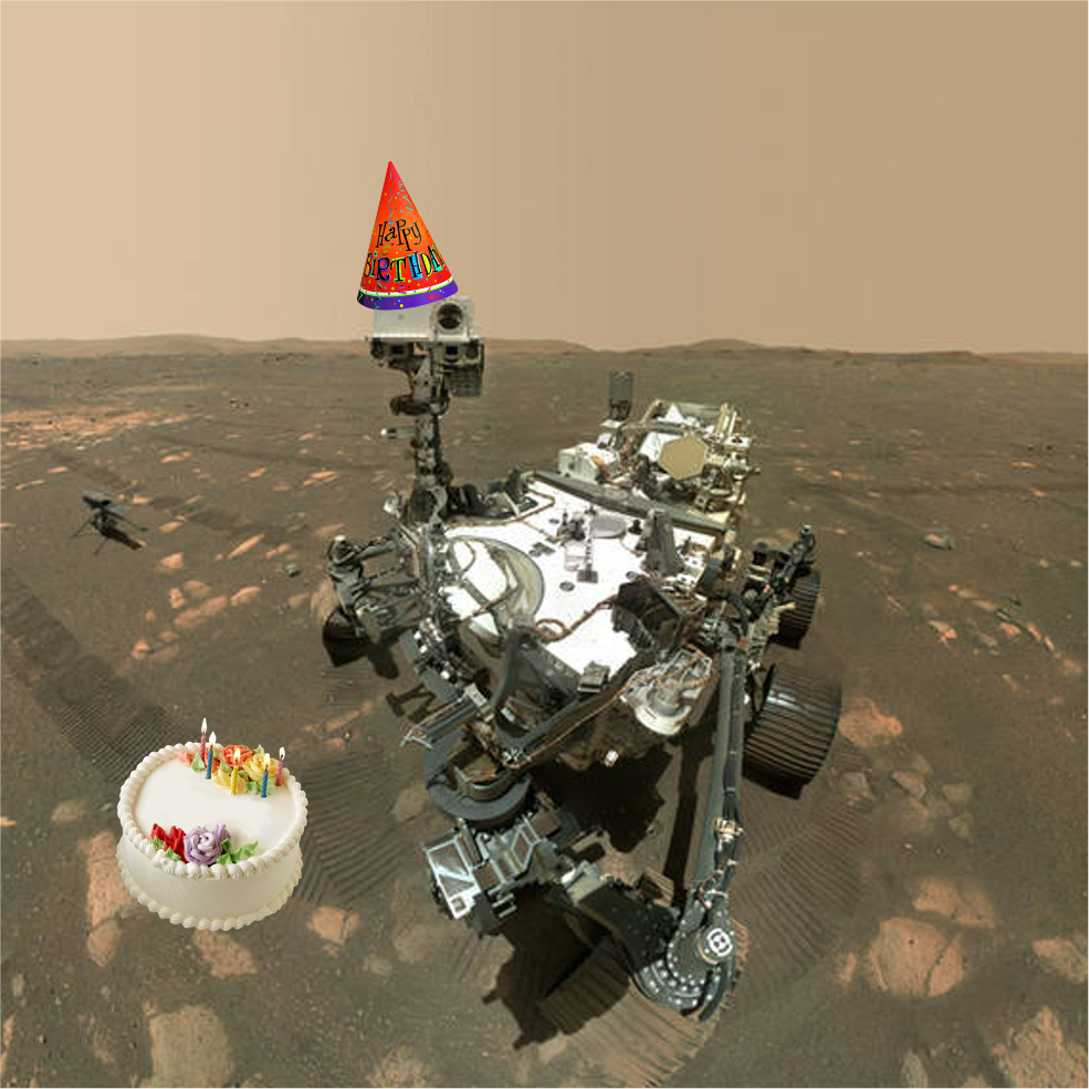 Image showing Perseverance roveer and Ingenuity helicopter in background on Mars, edited to have a birthday hat and cake.