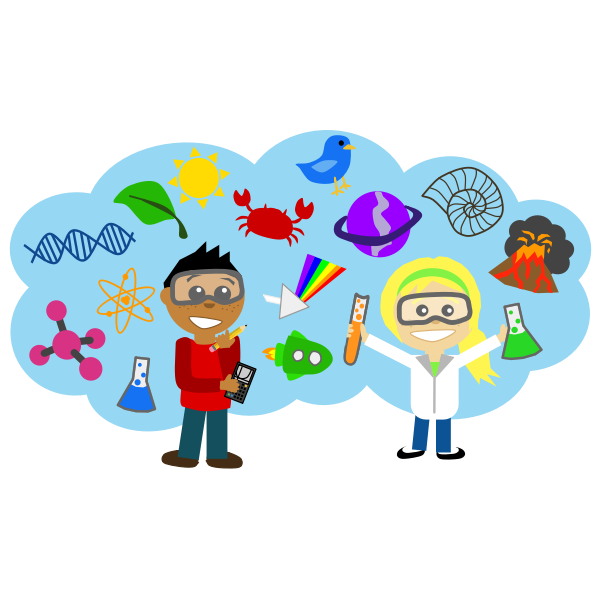 Cartoon image of scientists in front of colorful scientific icons
